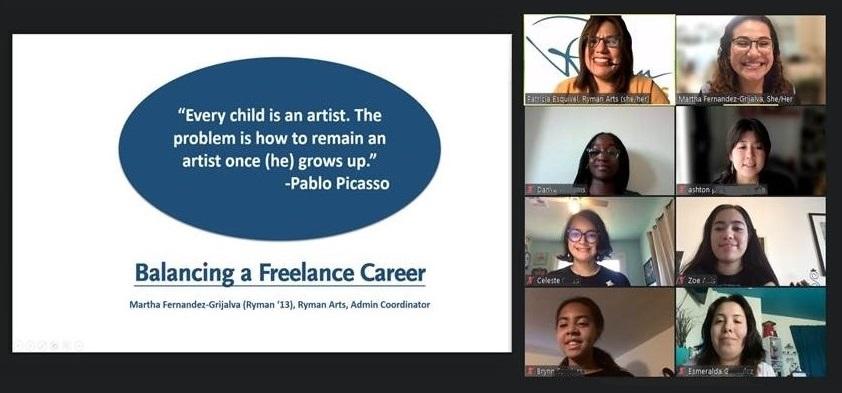 Virtual career preparation session, Balancing a Freelance Career, with Ryman Arts Admin Coordinator, Martha Fernandez-Grijalva as host, and students and alumni as participants